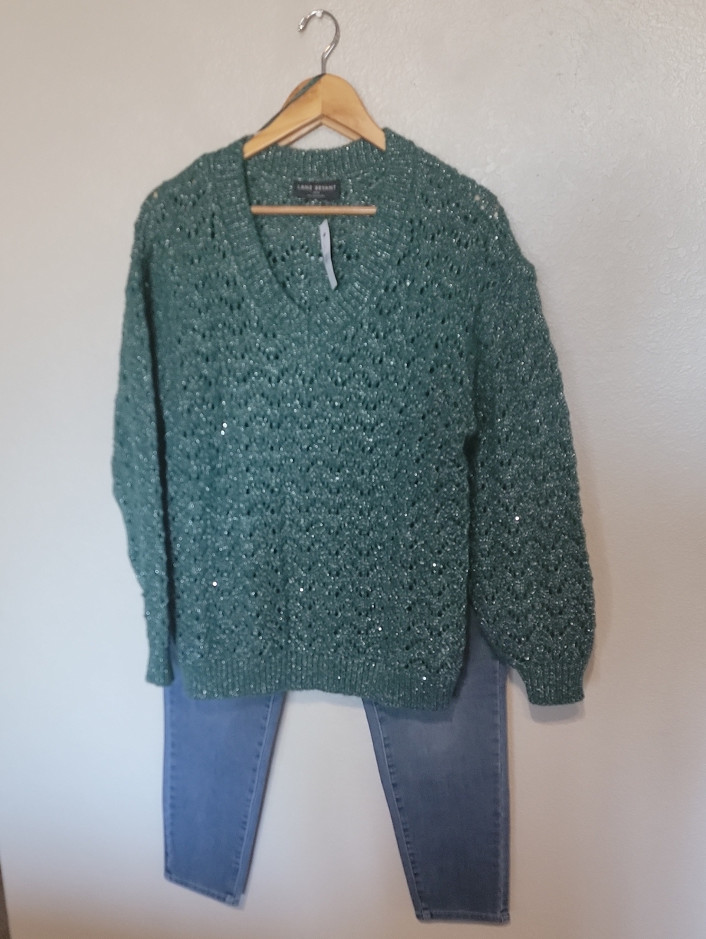 Lane Bryant Teal Green V-Neck Sparkle Knit Sweater